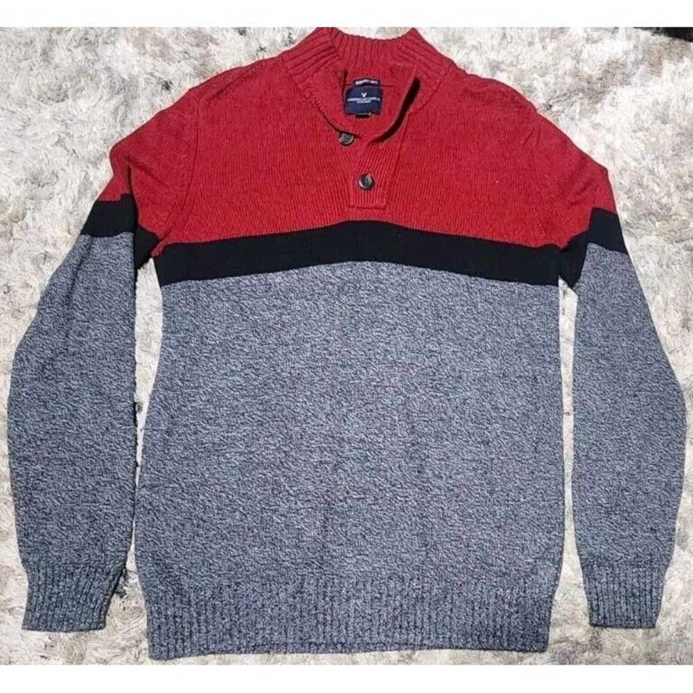 Men's American Eagle Seriously Soft Red Gray Black Sweater Sz Medium Button Up M